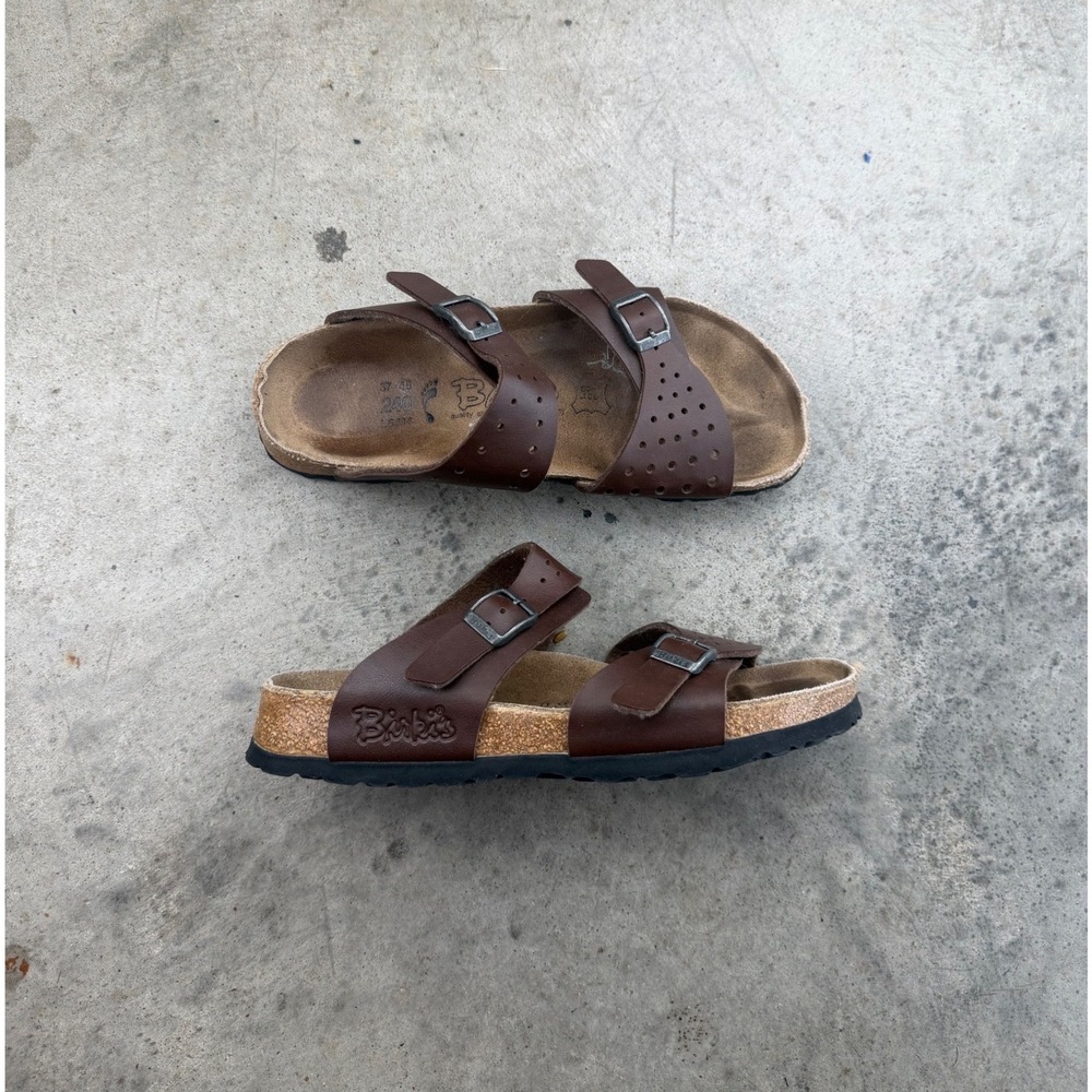 Birki's Birkenstock Brown Leather Slide Sandals Size 6 EU 37 Double Buckle Cork